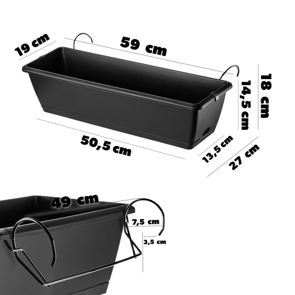 Kadax Skrzynka Balkonowa 60cm Doniczka z Uchwytami
