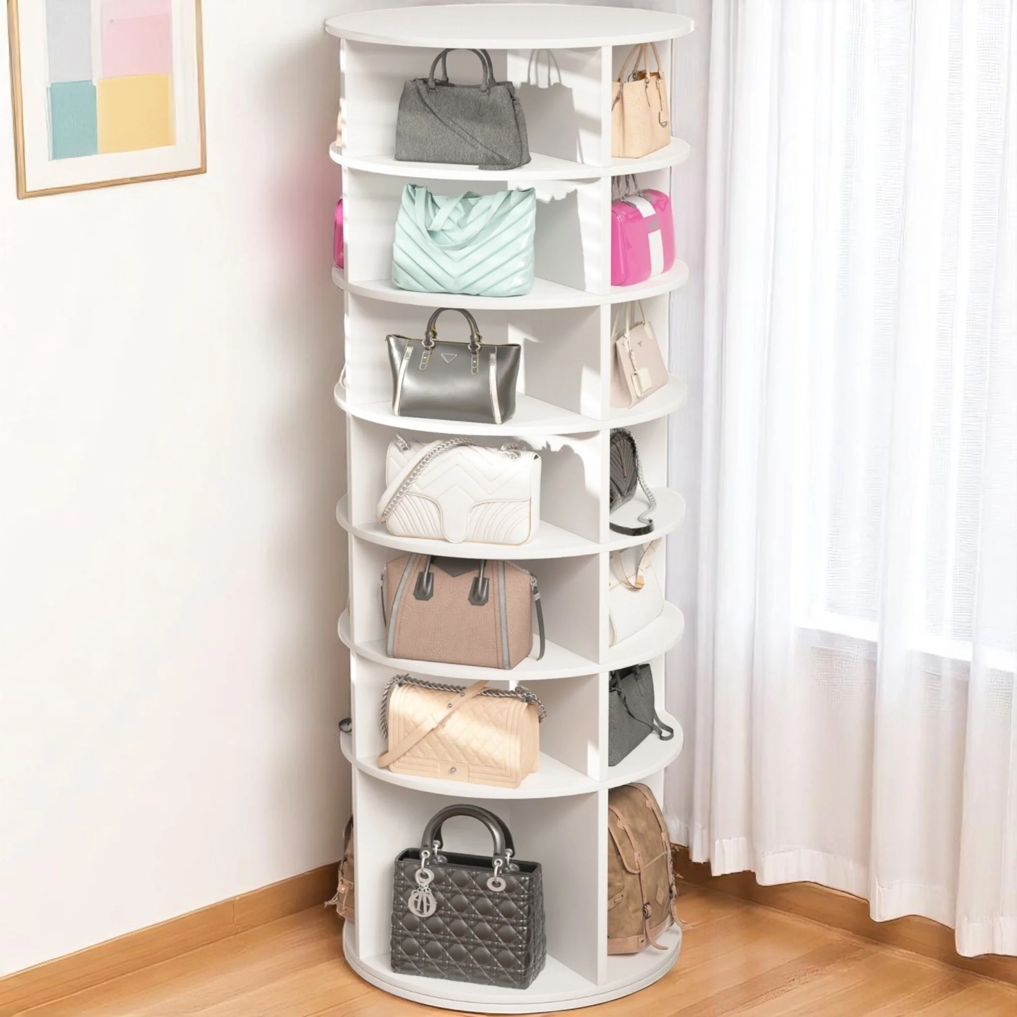 KISRAIS 360° Rotating Shoe Rack Tower, 7-Tier Spinning Shoe Rack, Fits 28 Pairs of Shoes (White)