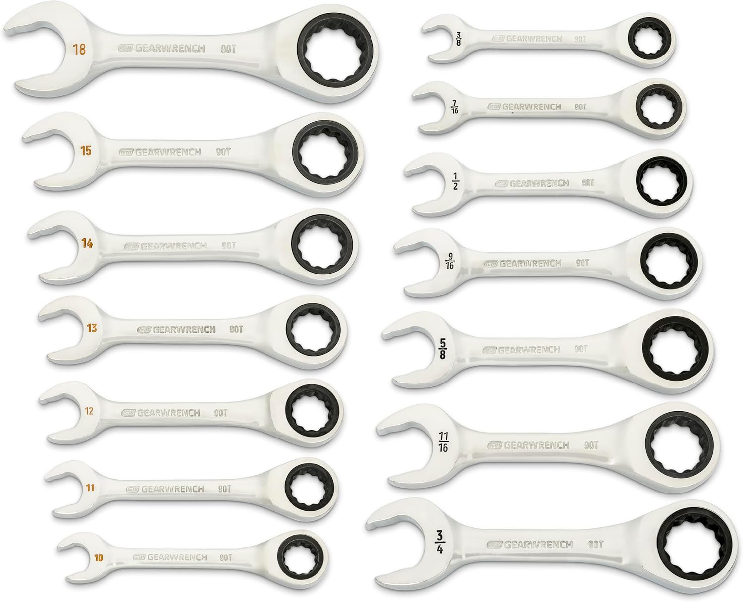 GEARWRENCH 14 Piece 90-Tooth 12 Point Stubby Combination Ratcheting Wrench Set, SAE & Metric | 3/8 to 3/4 & 10mm to 18mm| 86859