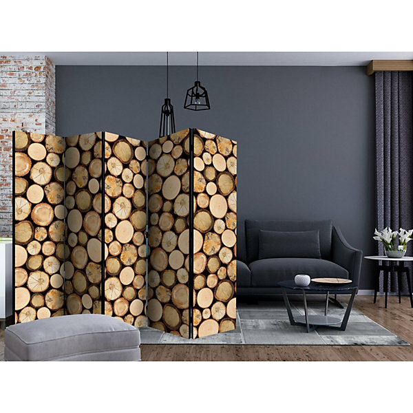 Paravent décoratif scierie 5 panneaux, design nature bois 225 x 172 cm Bronze et Beige