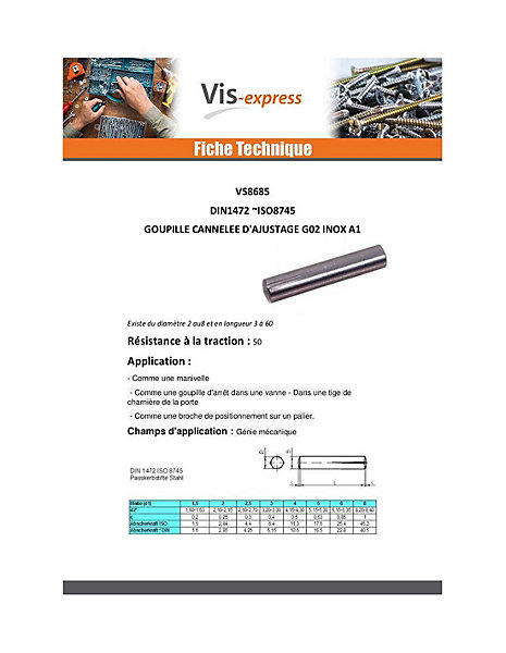 Goupille cannelée d'ajustage G02 Inox A1 6X40 - 30 pièces
