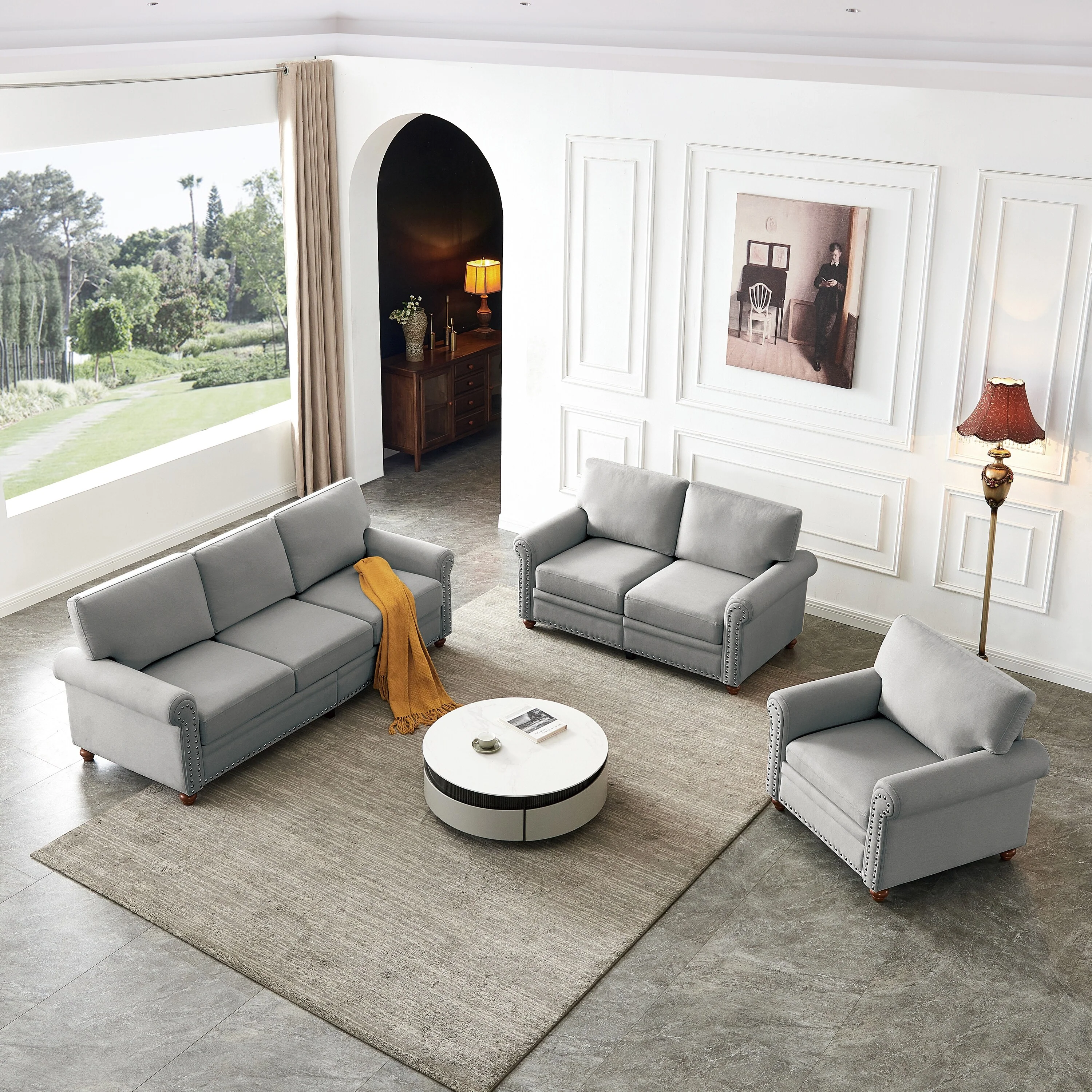 Classic Combination sofa Seat Sofa Set with Hidden Storage and Nailhead Trim and Foam Cushions for Living Room and Guest Room