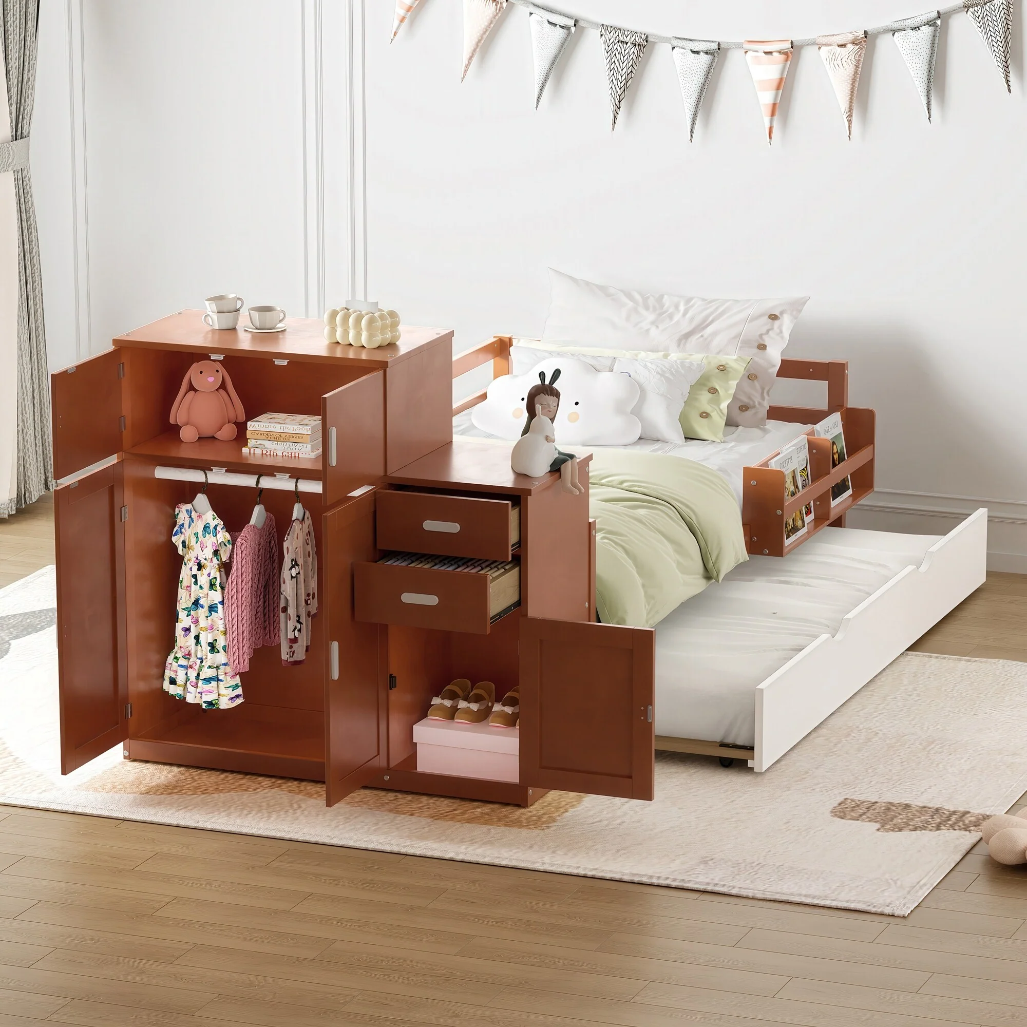 Twin Size Wood Platform Bed with Built-in Bookshelf, Movable Wardrobe, and Pull-Out Trundle
