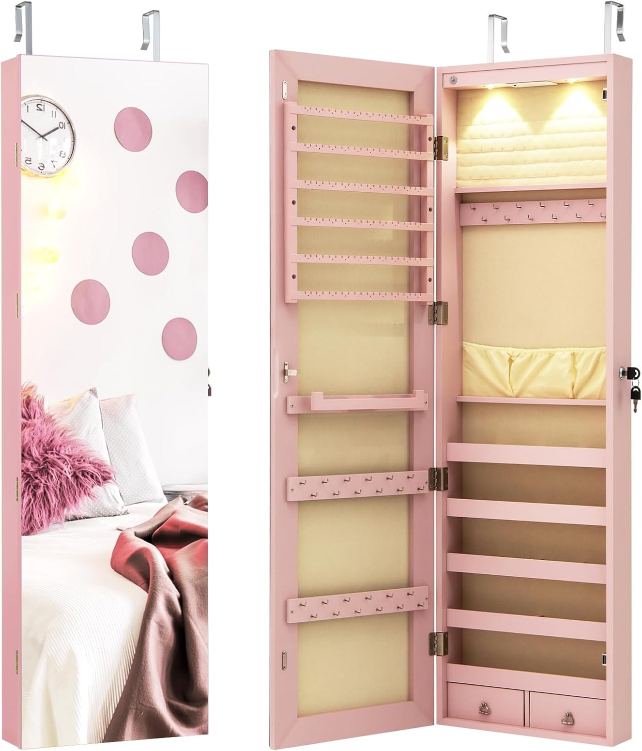 LDAILY Jewelry Armoire Wall or Door Mounted, Full-Length Mirror with Storage, Lockable Mirror Jewelry Cabinet w/ 2 Drawers, LED Lights, Over the Door Jewelry Organizer Box for Women Girls