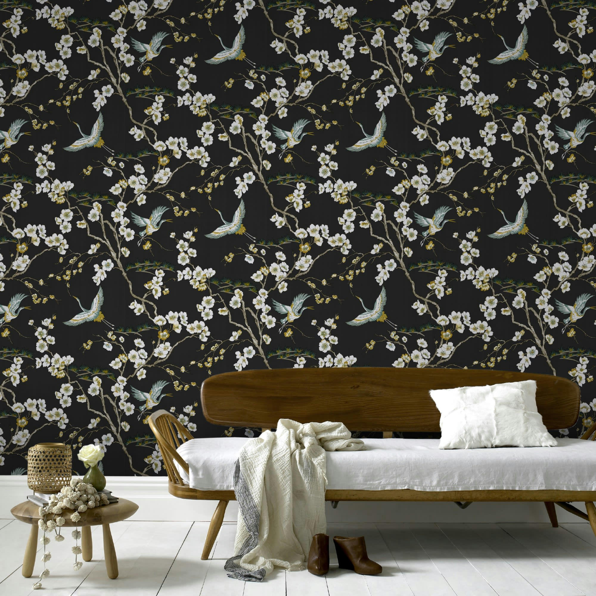 OISEAUX - Papier peint intissé oiseaux Japonais noir vert 1005x52cm