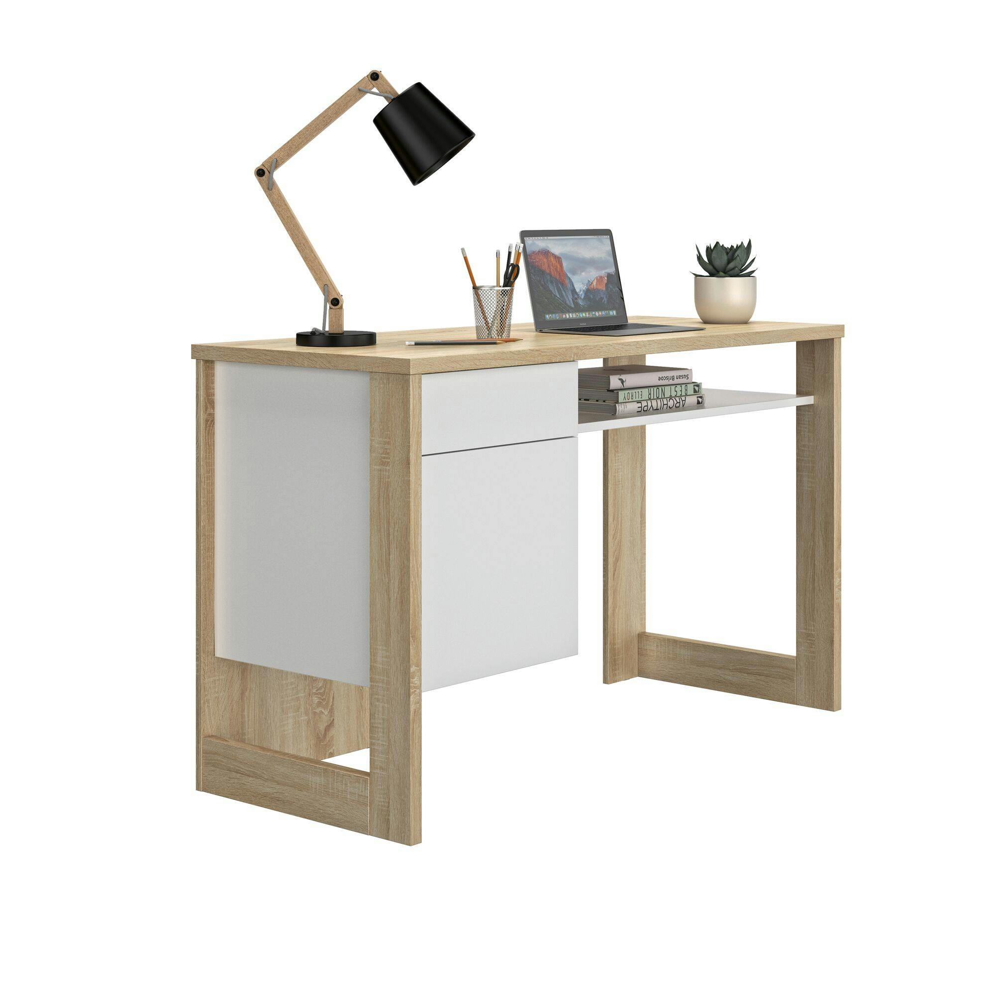 GALLY - Bureau avec 1 porte effet bois clair et blanc