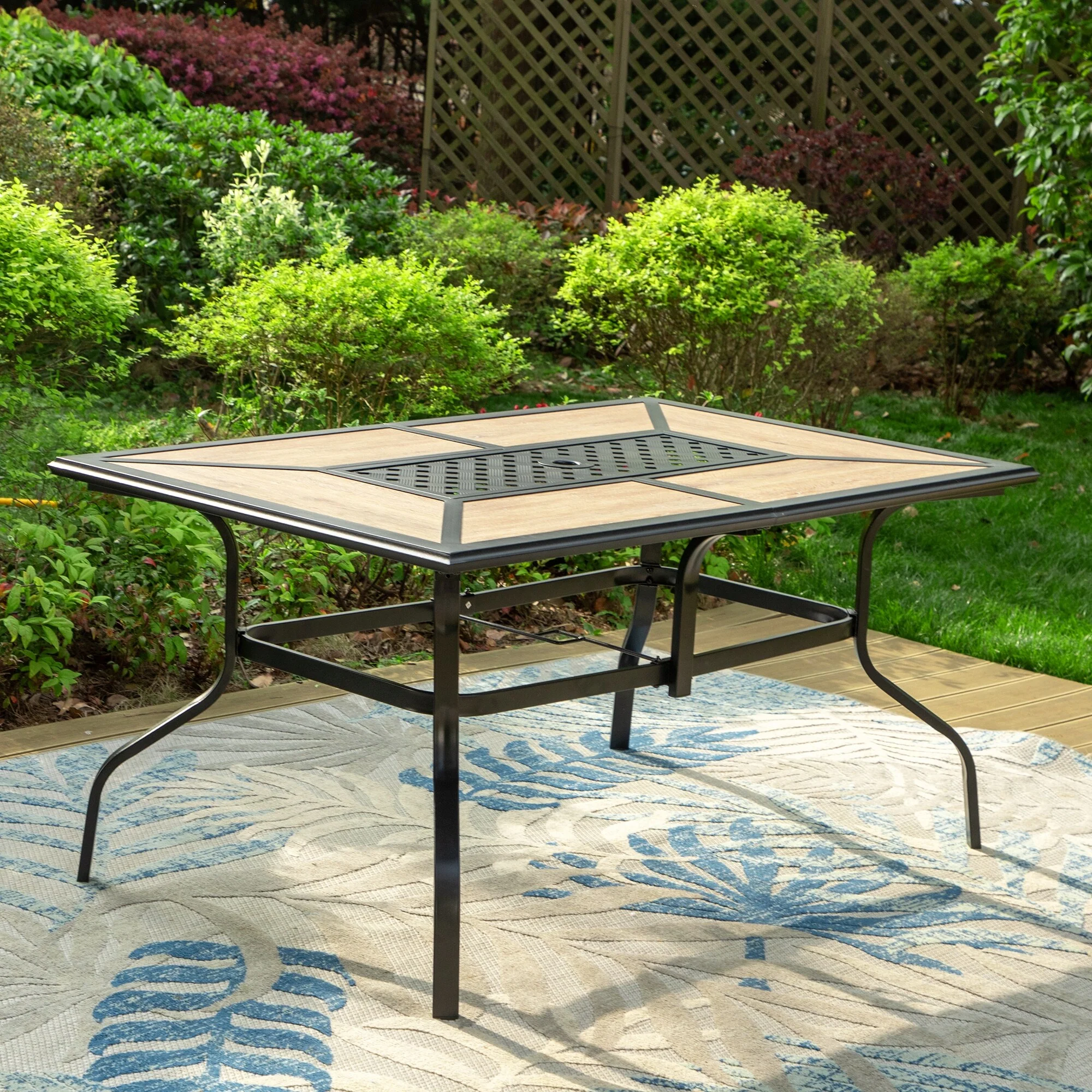 MAISON ARTS Patio Dining Set 7-Piece Metal Wood-look Geometric Rectangle Table and 6 Textilene Chairs