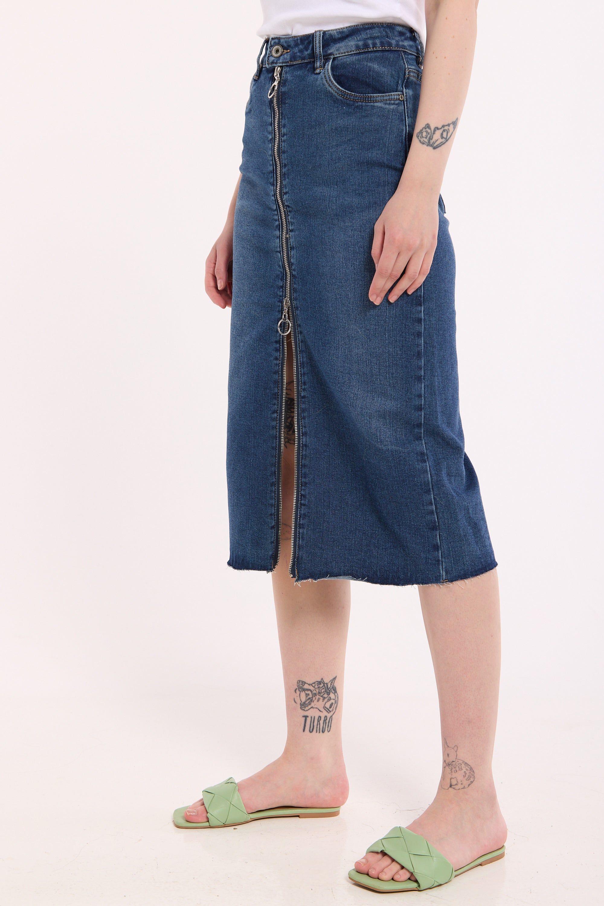 House of Holland Denim Midi Skirt with Front Zip Detail