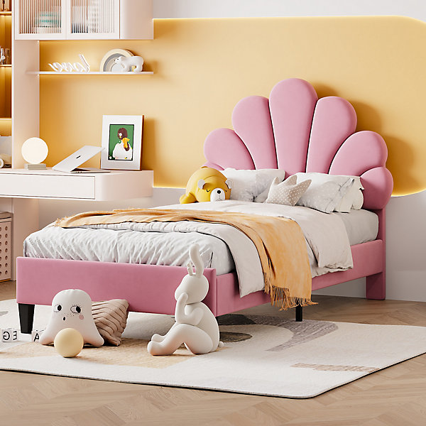 Lit simple enfant 90x200 cm - Lit capitonné avec tête de lit fleurie et sommier à lattes - Velours   Métal - Sans matelas - Rose