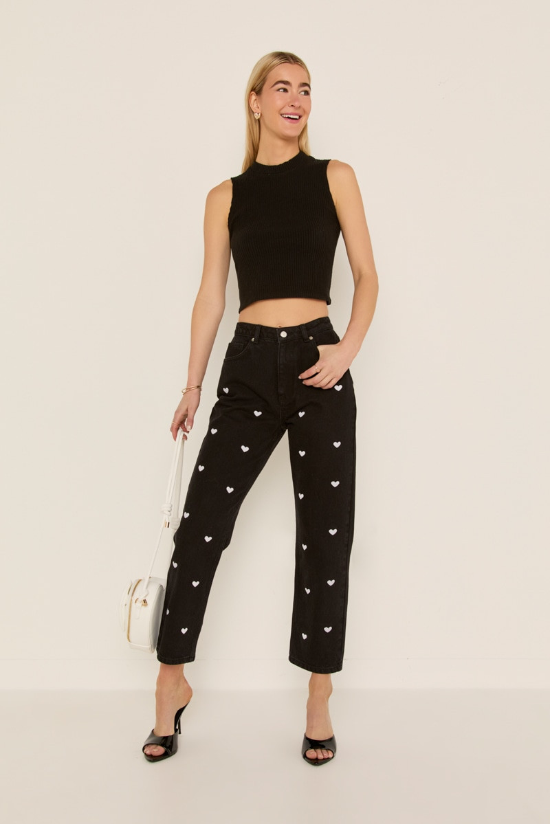 Emily Heart Embroidered Straight Leg Denim Jeans