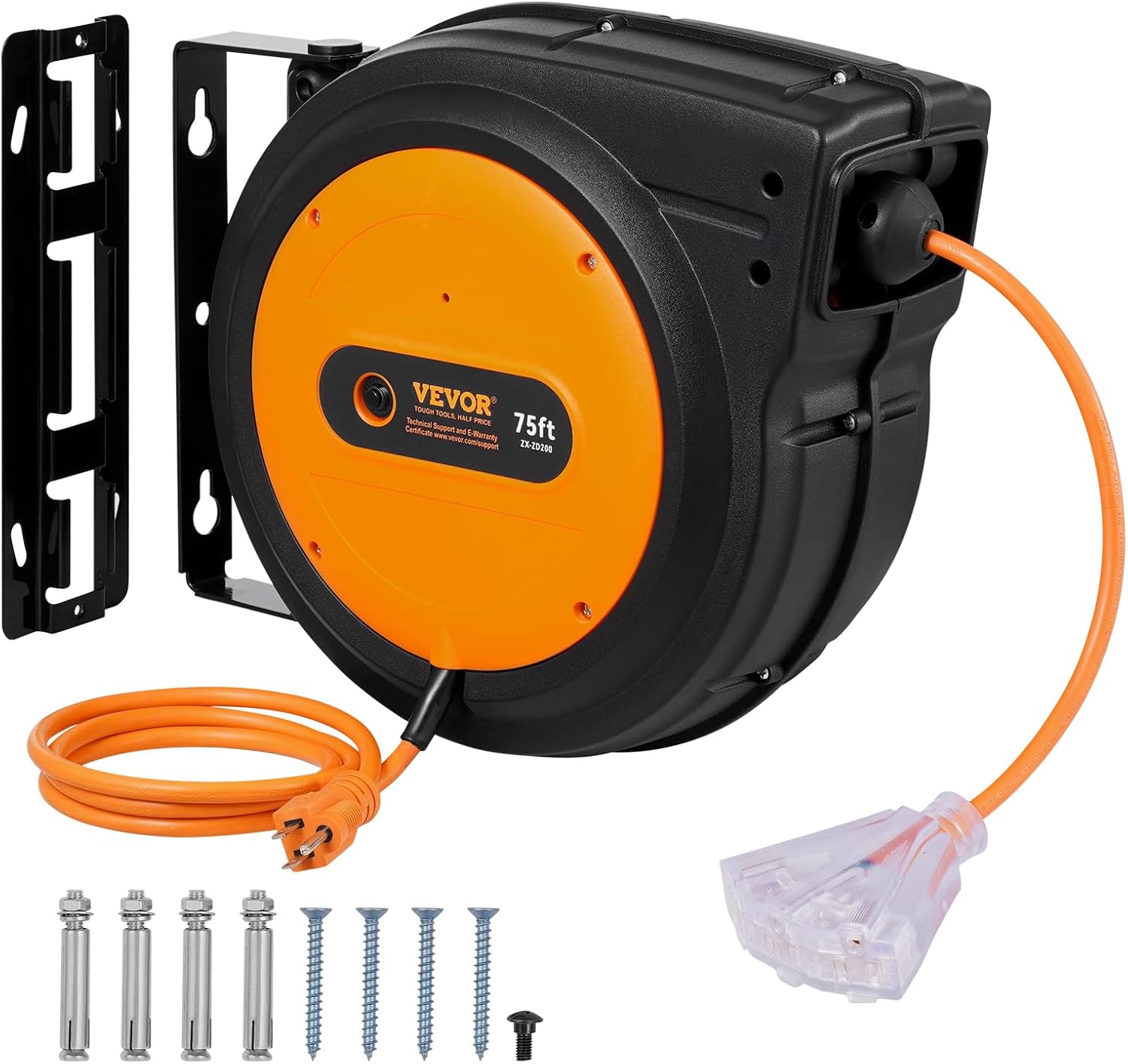 VEVOR Retractable Extension Cord Reel, 75 FT, Heavy Duty 14AWG/3C SJTOW Retractable Power Cord with Lighted Triple Tap Outlet, 13 Amp Circuit Breaker 180° Swivel Bracket for Ceiling or Wall Mount