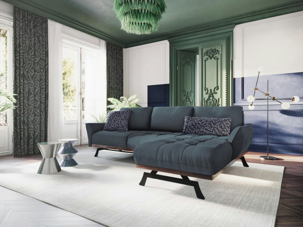 OLIVIER - Canapé d'angle 4 places en tissu structuré bleu