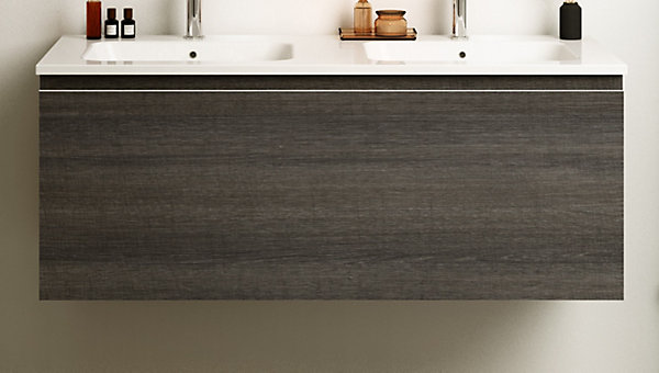 Meuble vasque suspendu effet chêne Metz l.120 cm   plan double vasque blanc mat résine, Pura