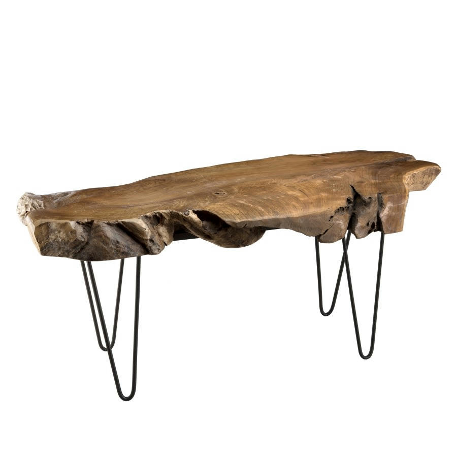 LALY - Table basse forme naturelle en teck pieds épingles métal noir L118