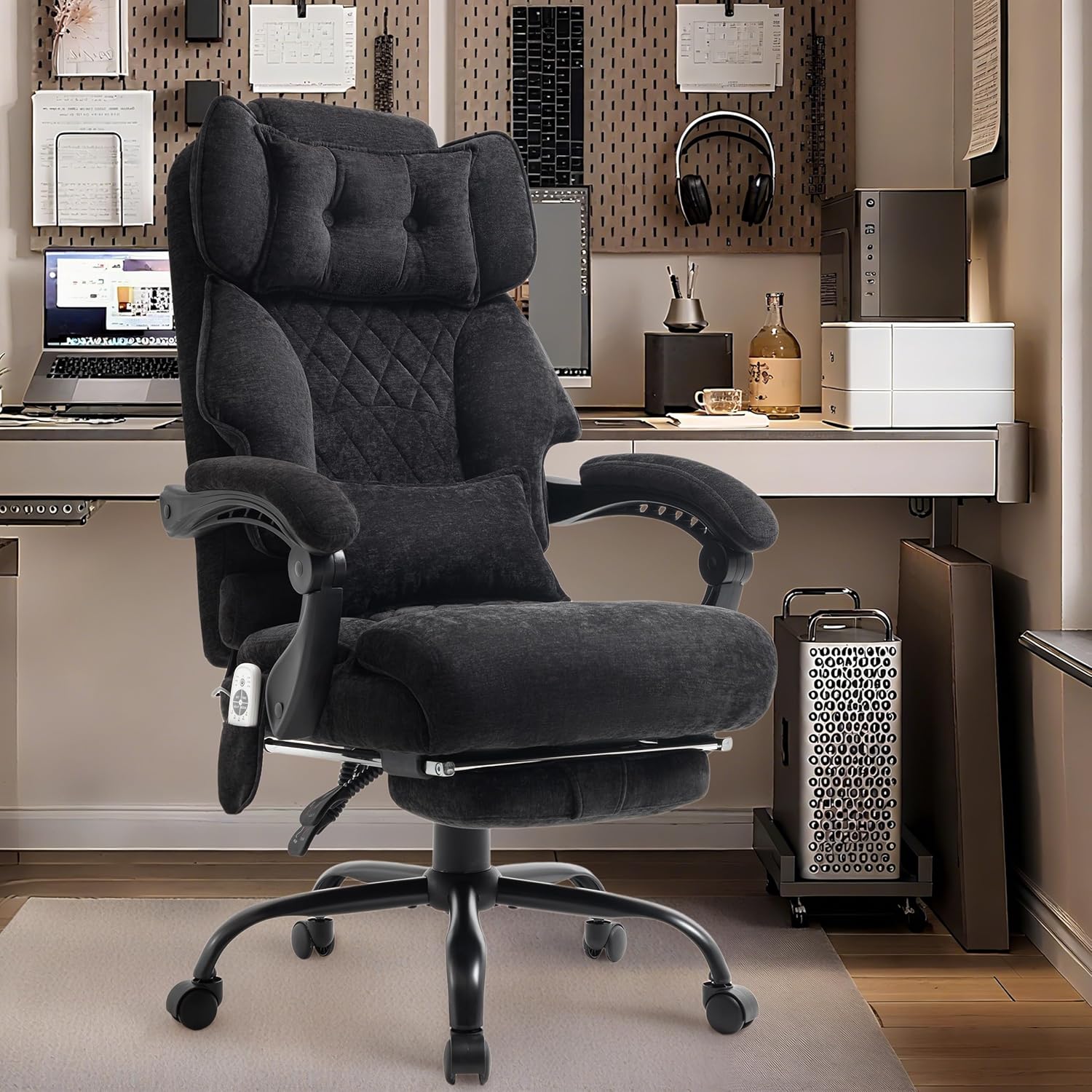 Massage Office Chair with Foot Rest,6 Points Vibration & Heat Executive Office Chairs for Heavy People,500LBS Big and Tall Office Chair,Ergonomic Reclining Desk Chair,Dual-Use Pillow,BlackCloth
