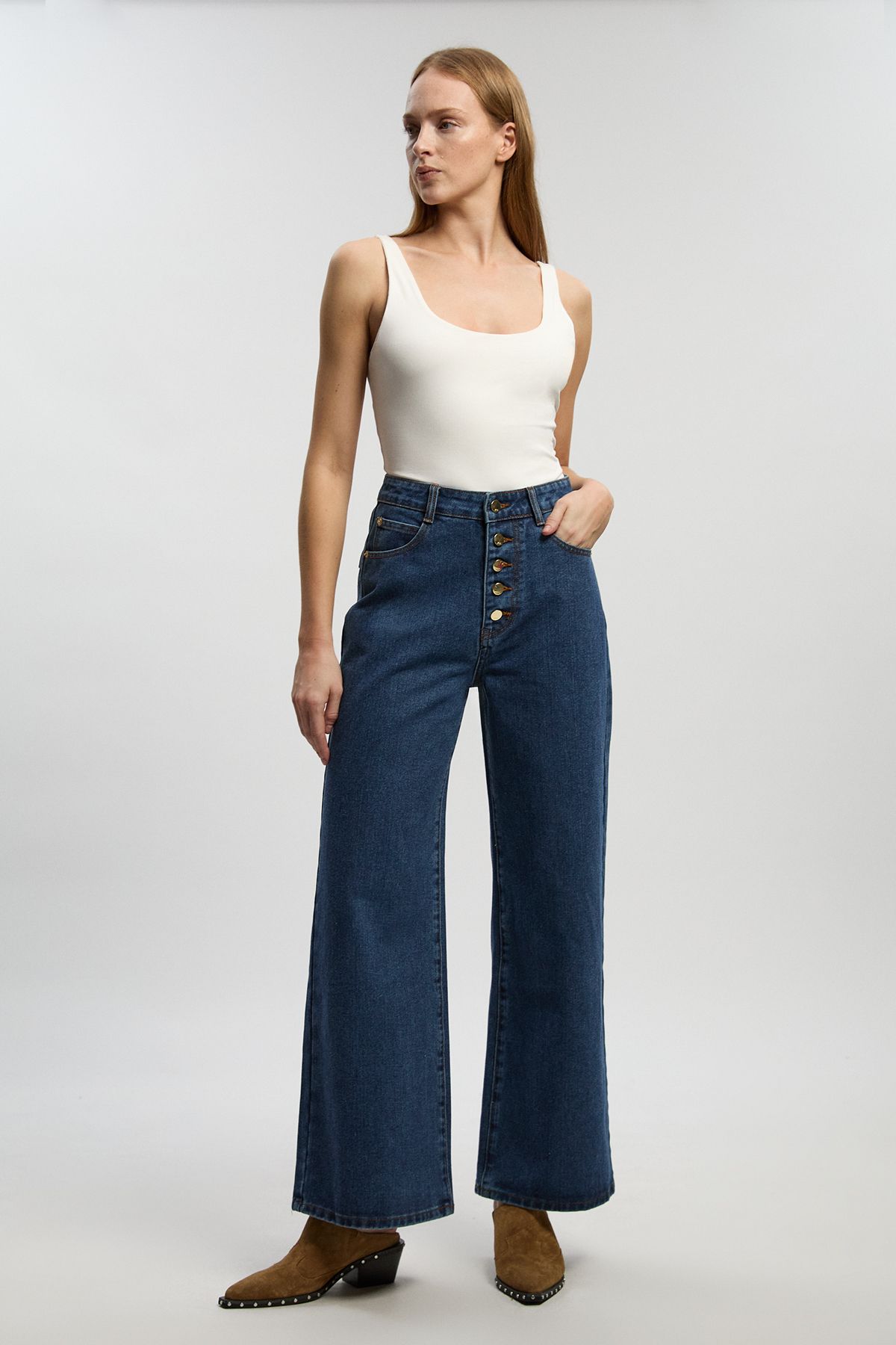 KarenMillen Denim Button Front Straight Leg Jean