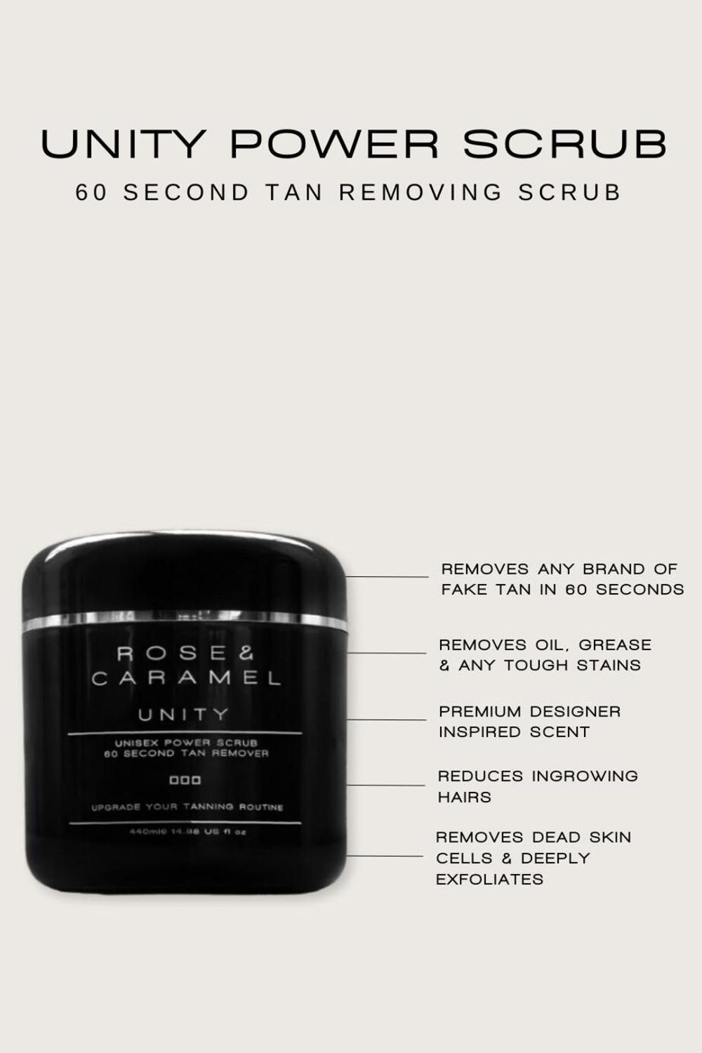 Rose & Caramel Unity Excel Power Scrub 60 Second Tan Remover 440ml