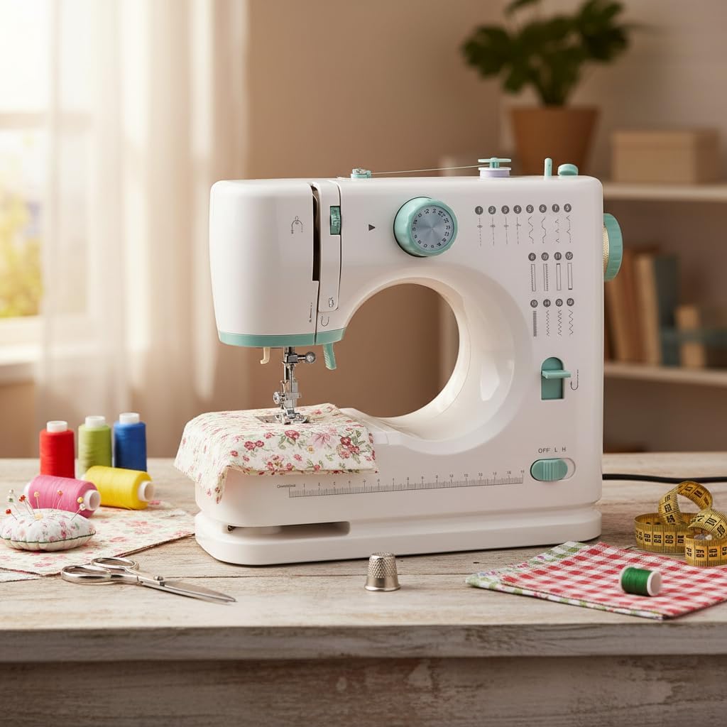 Sewing Machine for Beginners Twin Needles Sewing Machines 16 Built-in Stitches with Accessory Kit, Compact Travel Design for Clothing Repairs, DIY Crafting with Foot Pedal