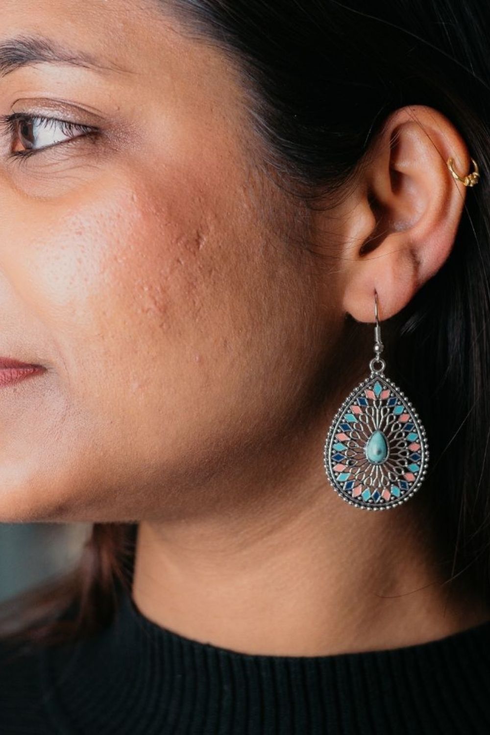 The Colourful Aura Large Mandala Floral Teardrop Drop Dangler