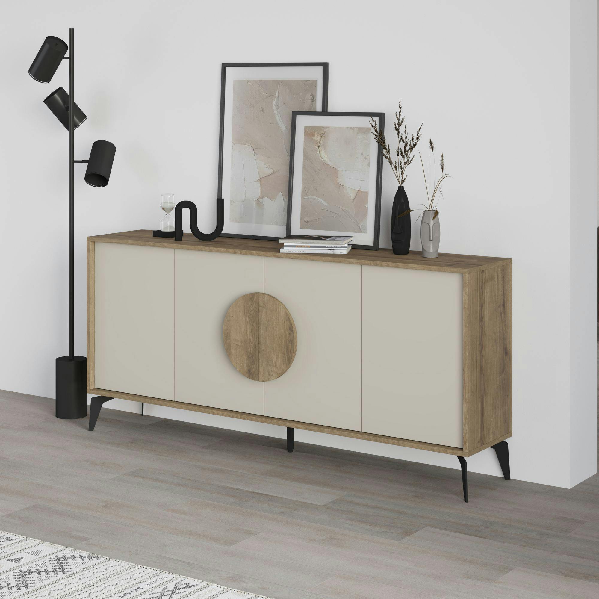 Buffet 4 portes décor chêne et sable poignée circulaire JENA
