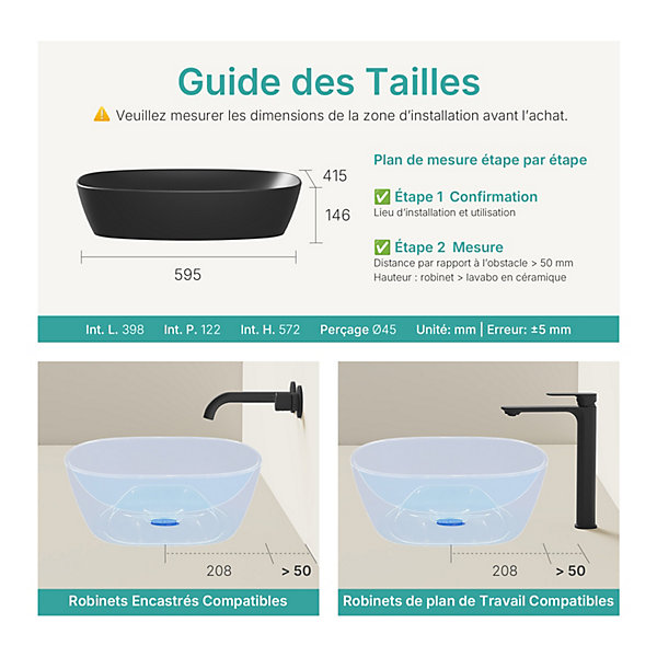 EMKE Vasque à Poser Ovale, 600 x 415 x 135 mm, Lavabo en Céramique de Salle de Bain, Noir Mat
