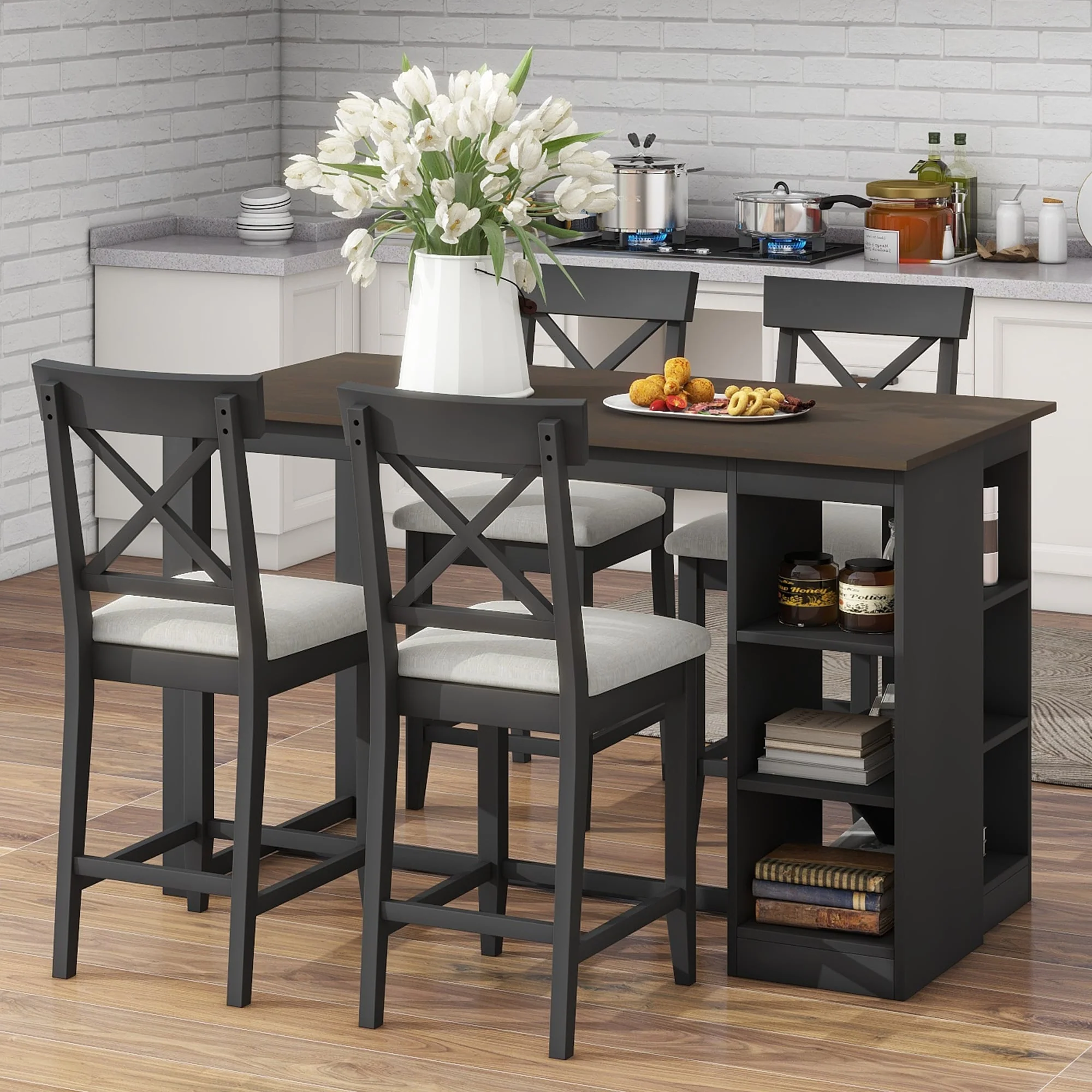 Farmhouse Style Wooden 5-Piece Dining Set with Rectangular Table, 3-Tier Storage Shelves and 4 Upholstered Chairs