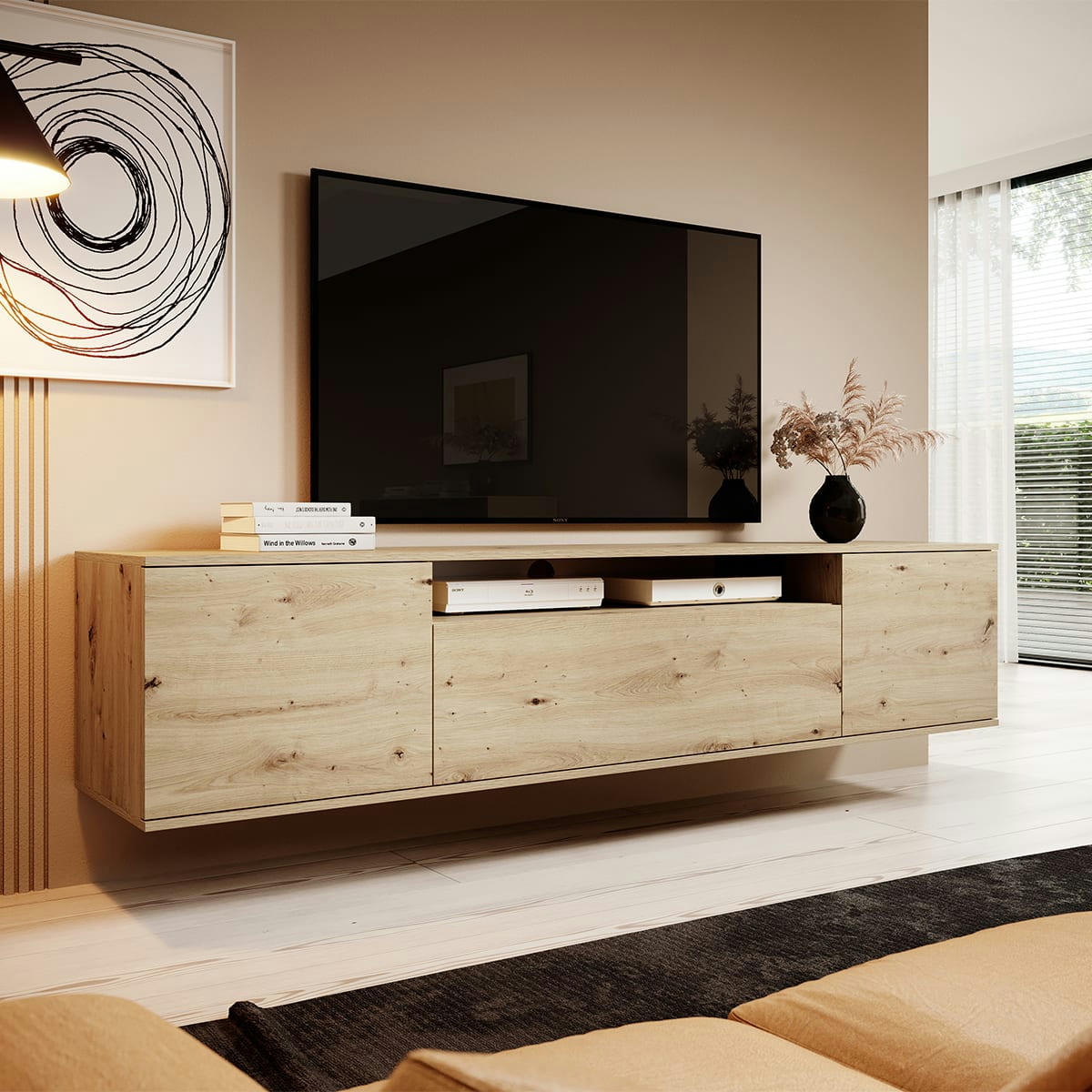 - Meuble TV mural 3 portes 180 cm stratifiés naturel