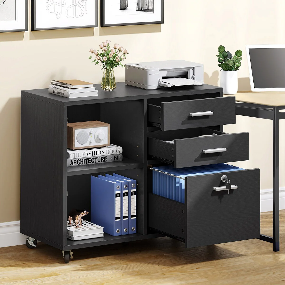 Moasis 3 Drawer Mobile Lateral Filing Cabinet with Lock and Open Shelves for Home Office
