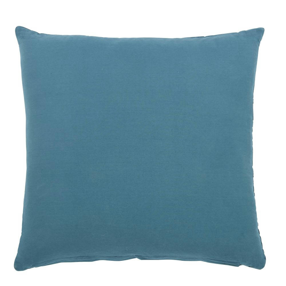 - Coussin en velours de coton bleu canard motif surpiqué 60x60