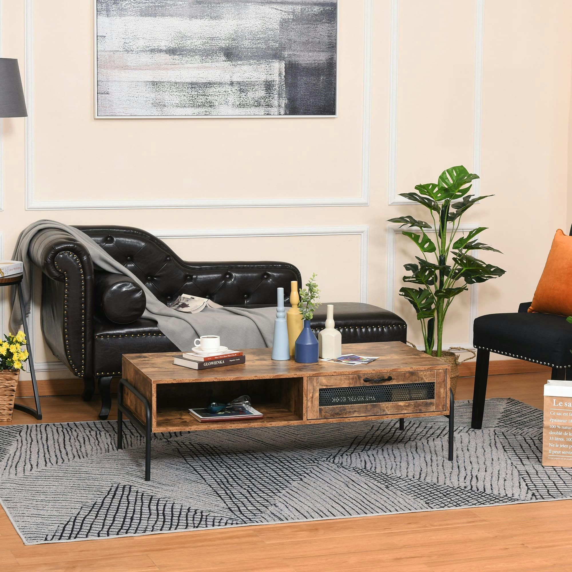 - Table basse rectangulaire industrielle niche tiroir métal aspect bois