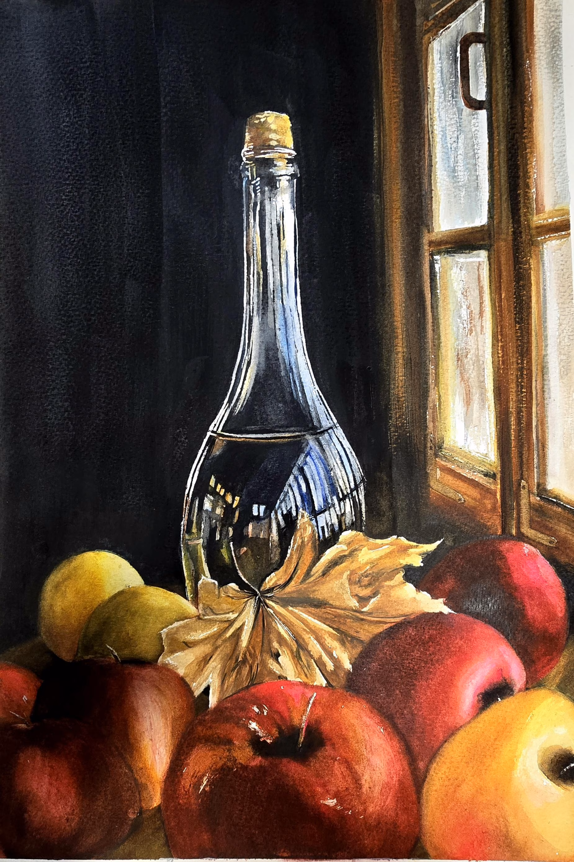 Original Autumn Still Life Watercolor Painting, Apples & Glass Bottle, Fall Home Decor