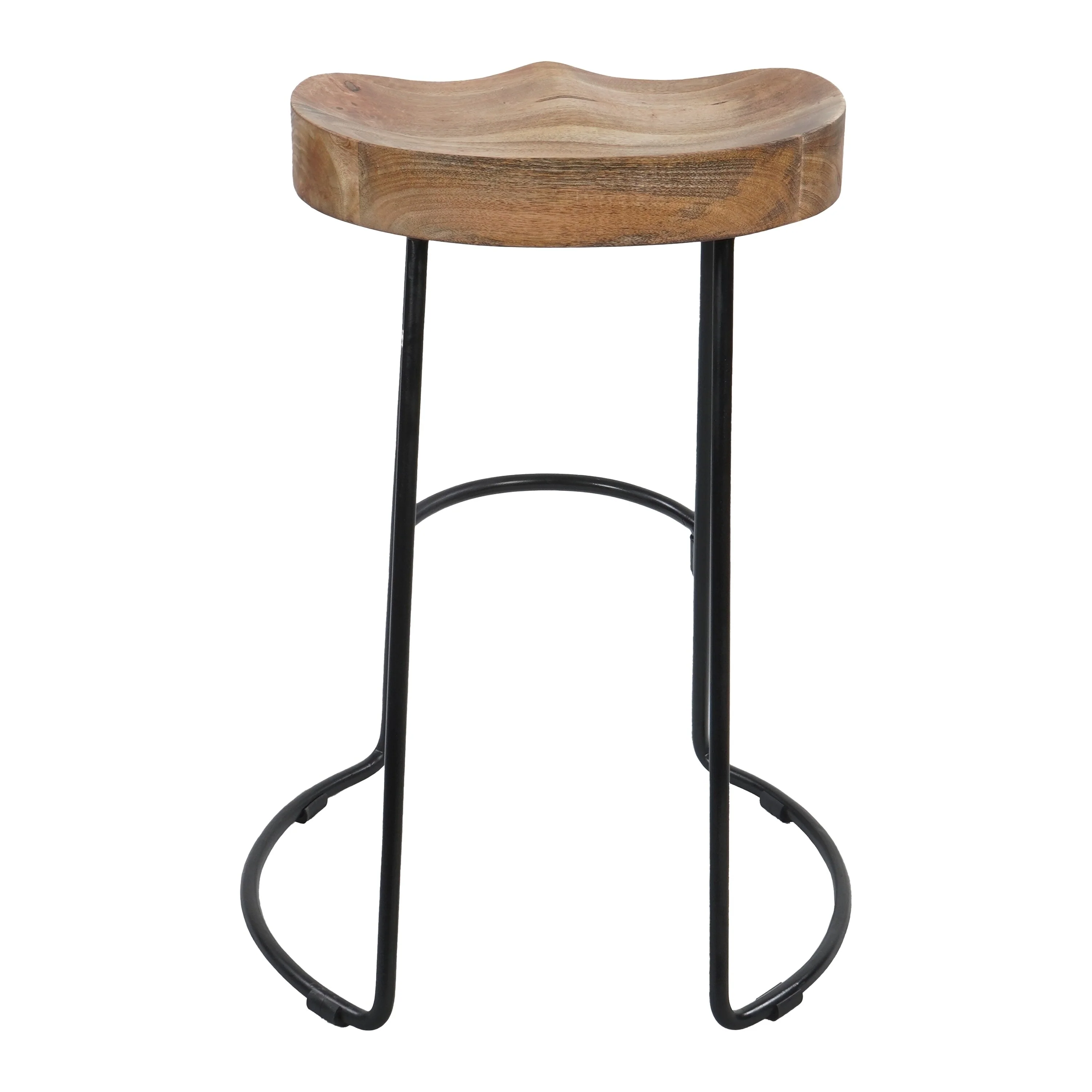 Ela 24 Inch Counter Height Stool, Mango Wood Saddle Seat, Iron Frame, Brown and Black