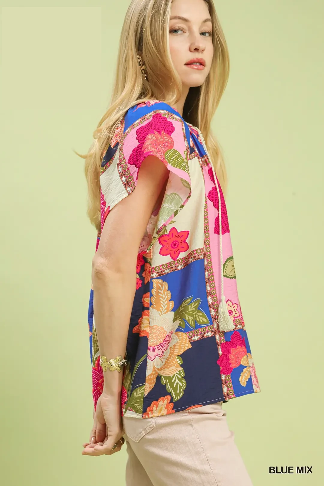 Mix Floral Patchwork Tassel Tie Top