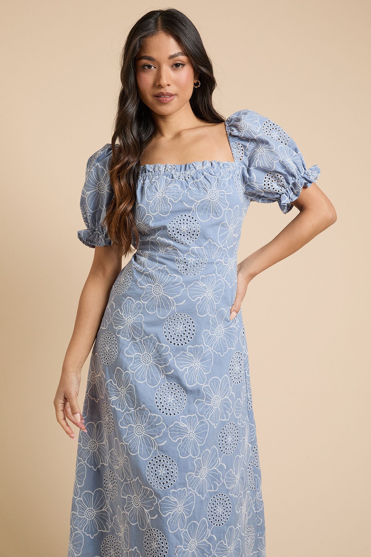 Dorothy Perkins Petite Embroidered Puff Sleeve Midi Dress