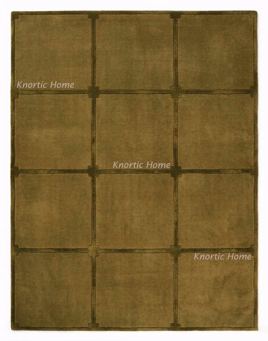 Olive Green Hand Tufted Grid Pattern Rug | Contemporary Handmade Wool Carpets | 8x10 9x12 10x14 Custom Size Rugs For Living Dining Bedroom
