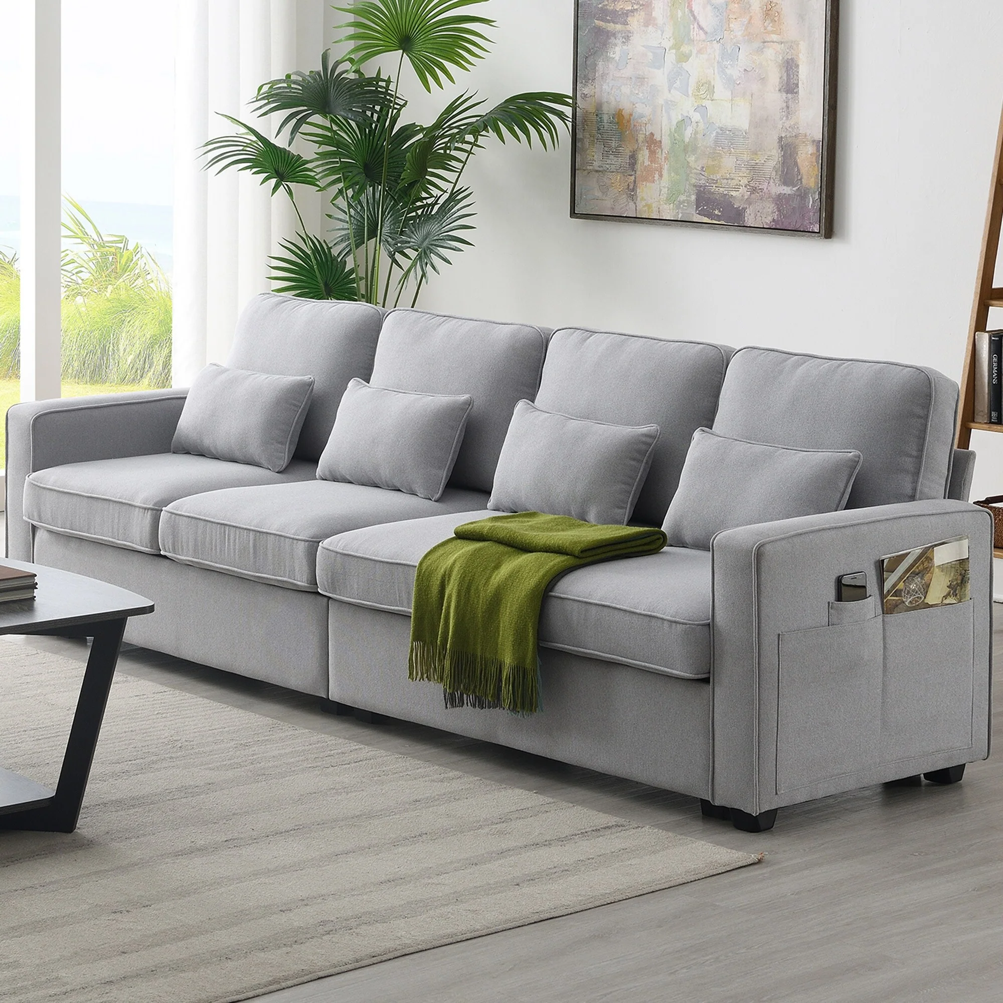 4-Seat Sectional Couch with Pockets and 4 Pillows, Livingroom Loveseat