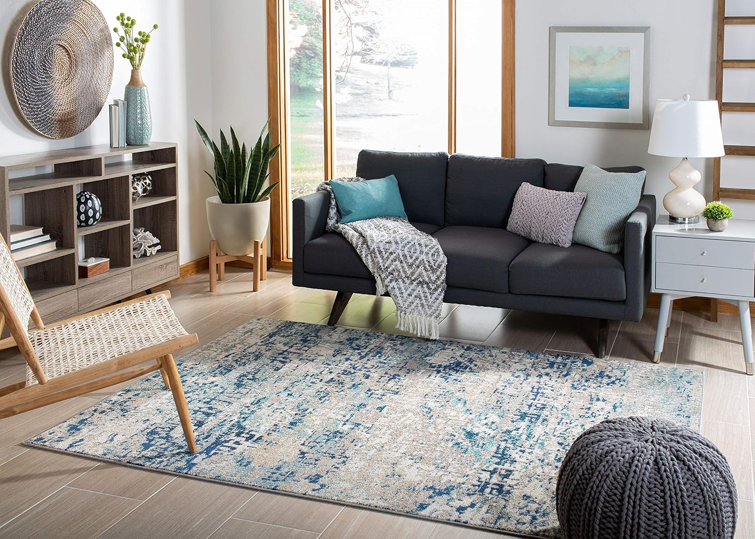 SAFAVIEH Madison Collection X-Large Area Rug - 12' x 18', Grey & Blue, Modern Abstract Design, Non-Shedding & Easy Care, Ideal for High Traffic Areas in Living Room, Bedroom (MAD460K)