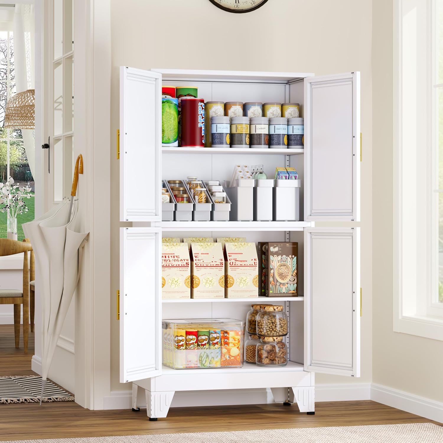 GAIOUS 47.25 Metal Pantry Cabinet, Storage Cabinets with 4 Door and 2 Adjustable Shelves, White Bathroom Cabinet, Freestanding Cupboard for Kitchen Dining Living Room Bathroom