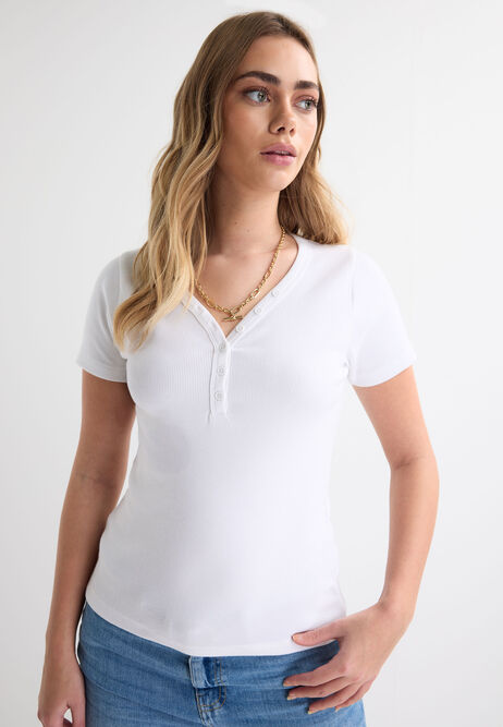 Womens White V-Neck Placket Short Sleeve Top