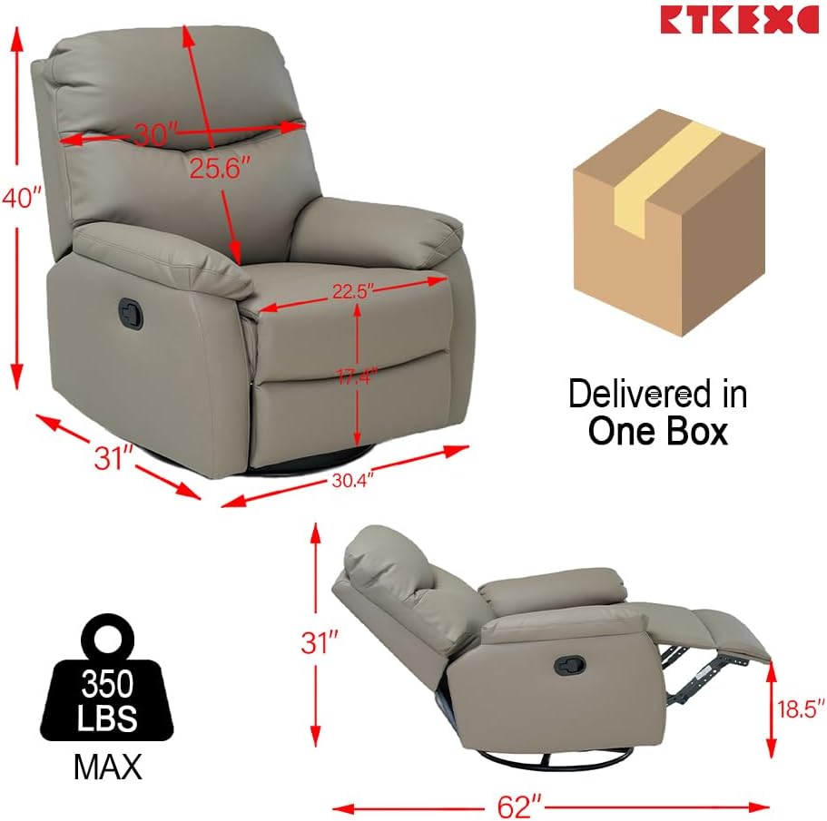 Recliner Sofa Rocking Chair Swivel Manual Adjustable 360 Degree Spinning with Ergonomics Lumbar Support Natural Leather for Home Theater Seating Living Room, Bedroom, Nursery, Grey