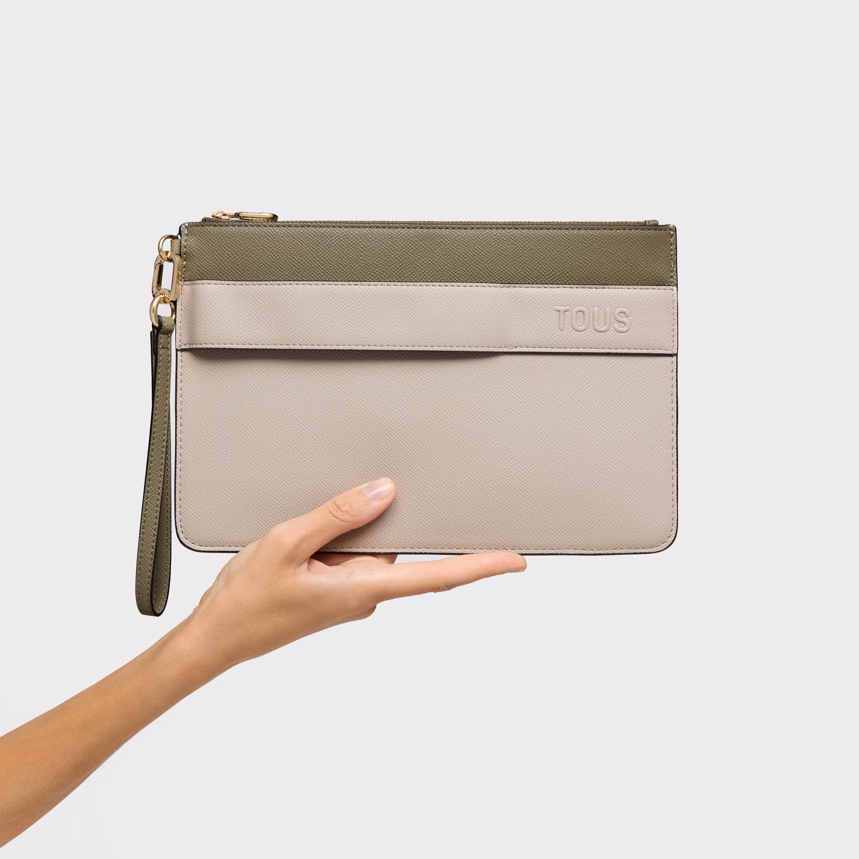 Clutch topo y verde oliva Audree Saffiano
