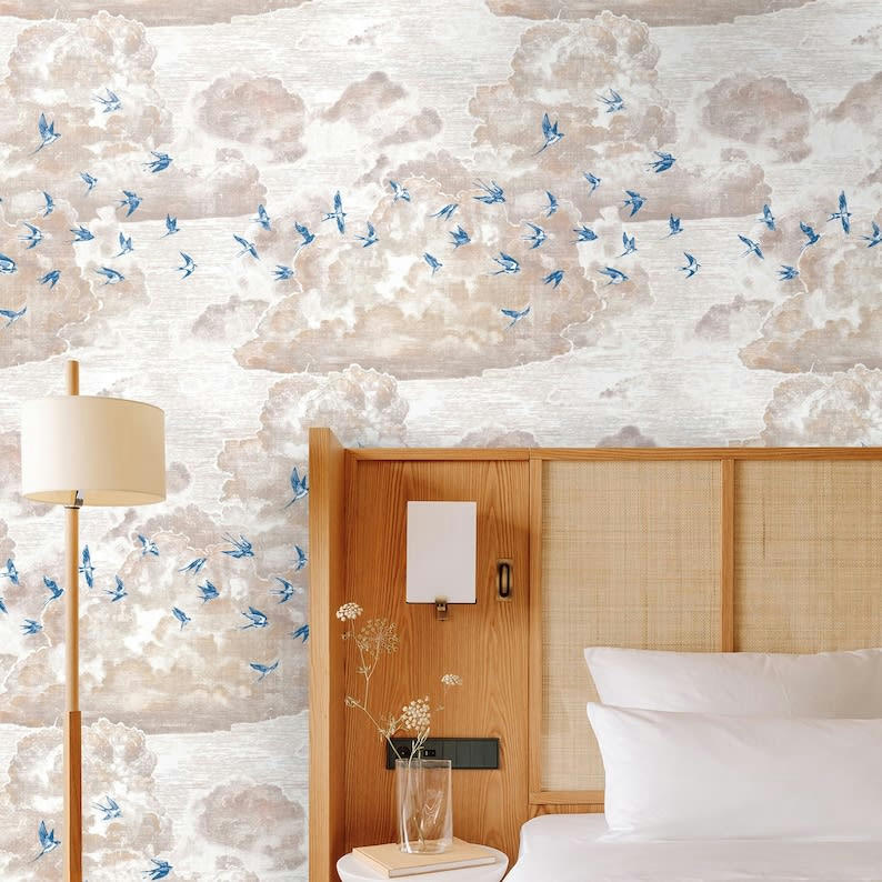 VINTAGE - Papier Peint Nuages au Coucher du Soleil avec Hirondelles 250x200 cm