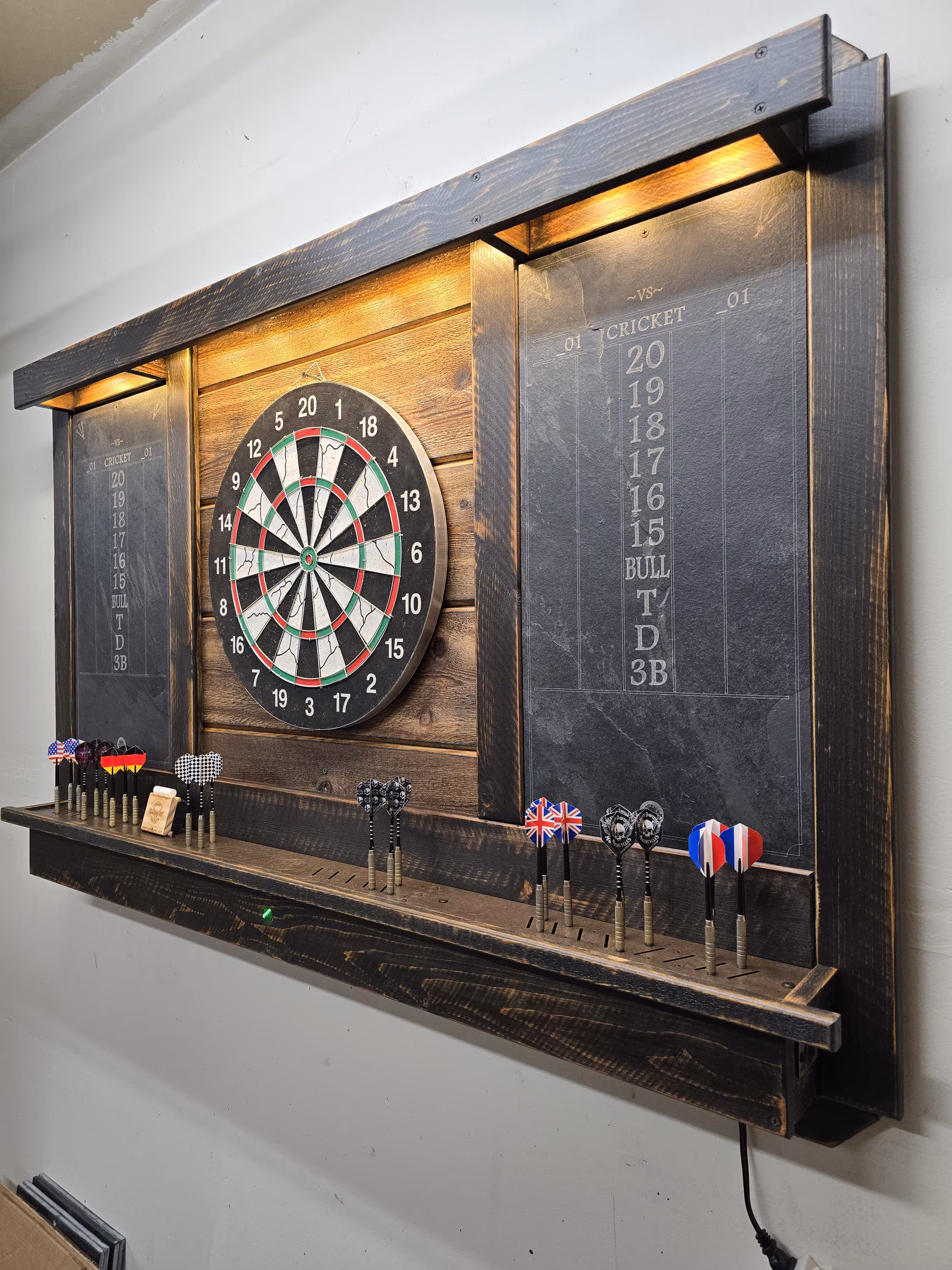 Deluxe Dartboard Cabinet with Dual Slate chalkboards and LED Lights 55x38!