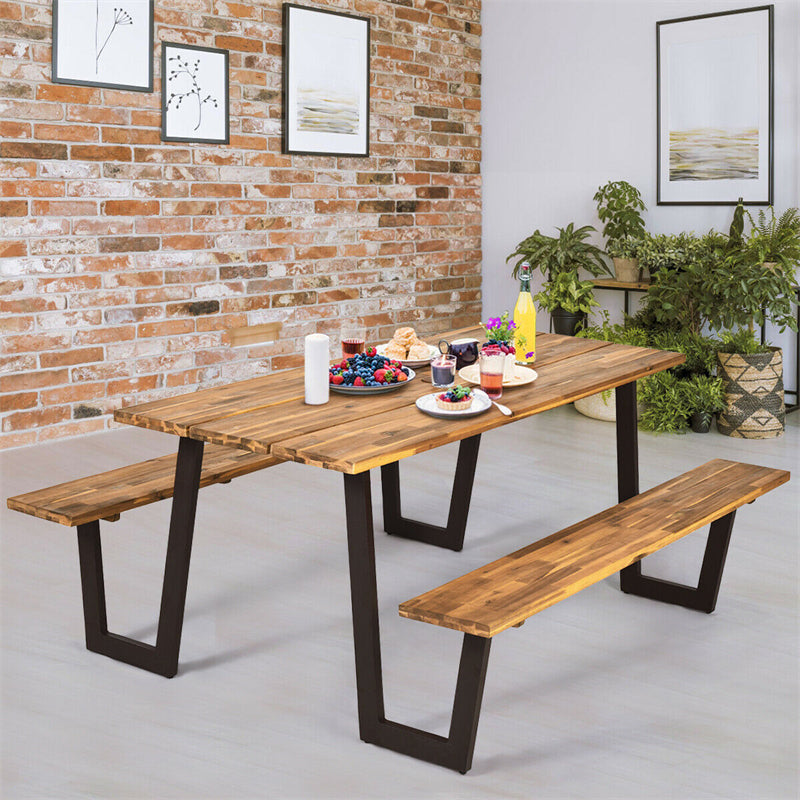 70¡± Acacia Wood Outdoor Dining Table Set Picnic Table Bench Set with Umbrella Hole