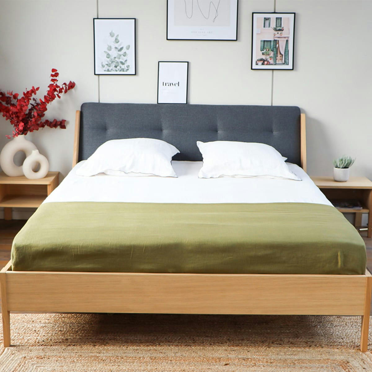 NOVA - Ensemble lit placage chêne et tissu gris 160x200 cm + 2 chevets