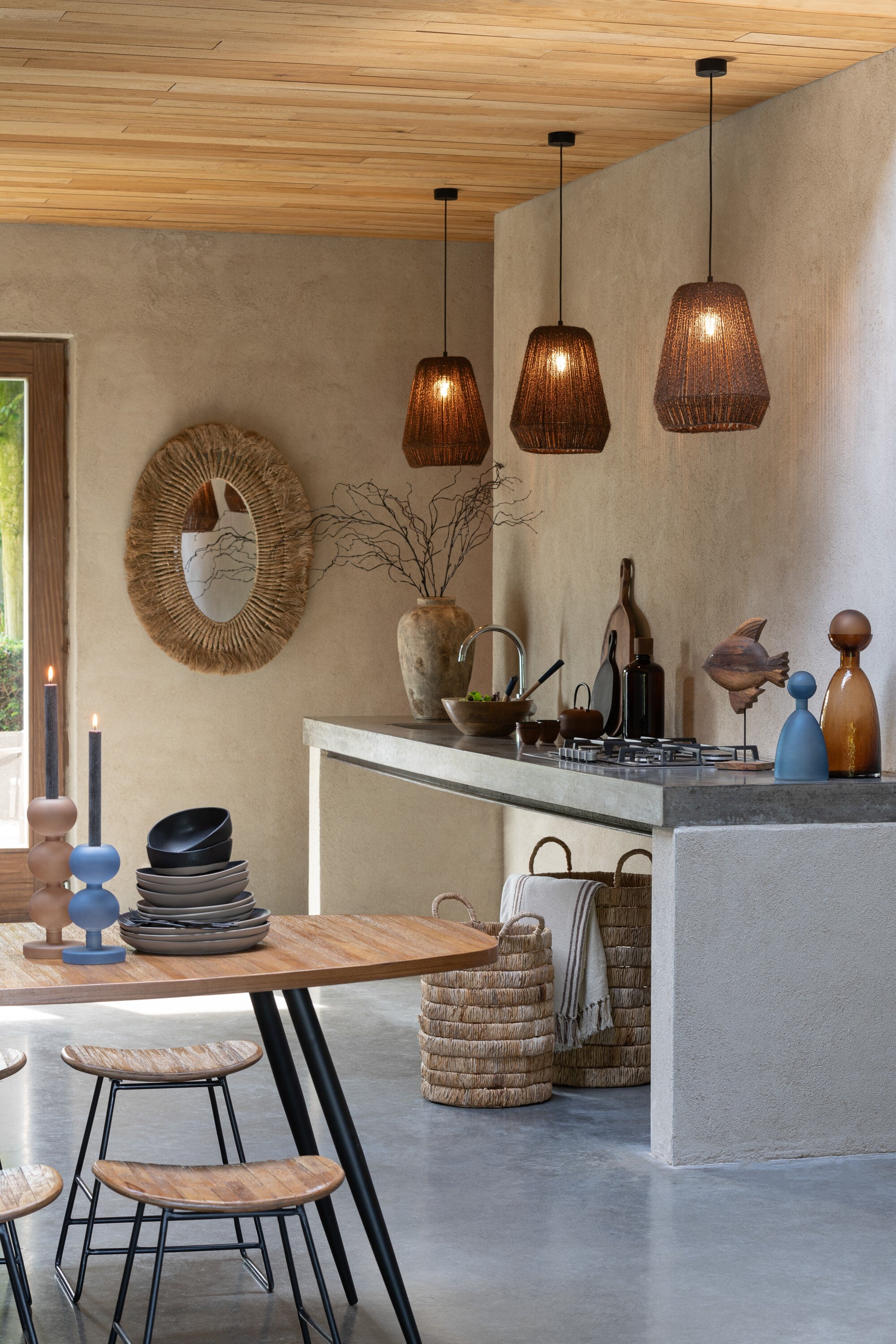 J-Line hanglamp Vlecht - metaal/palm - zwart - large
