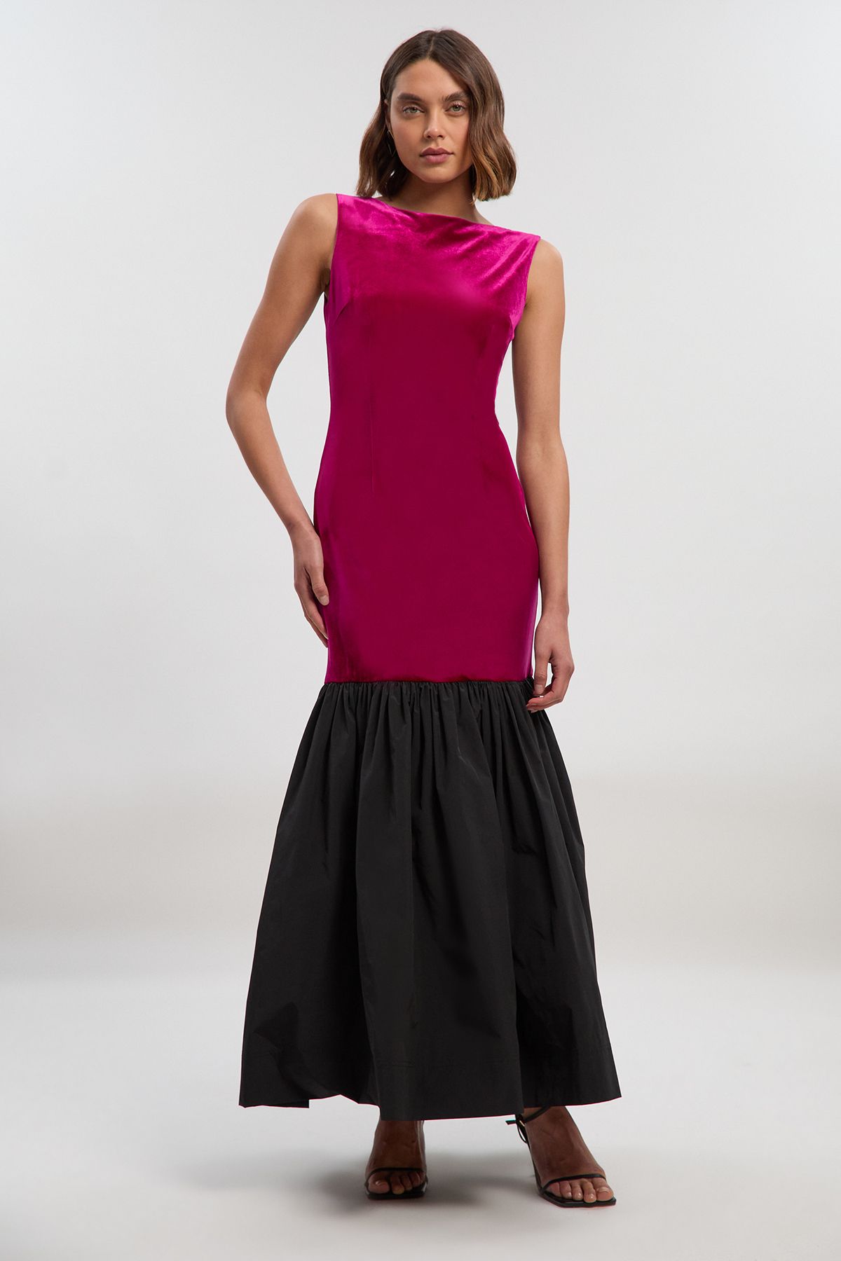 KarenMillen Velvet Sleeveless Body With Taffeta Drop Waist Maxi Dress