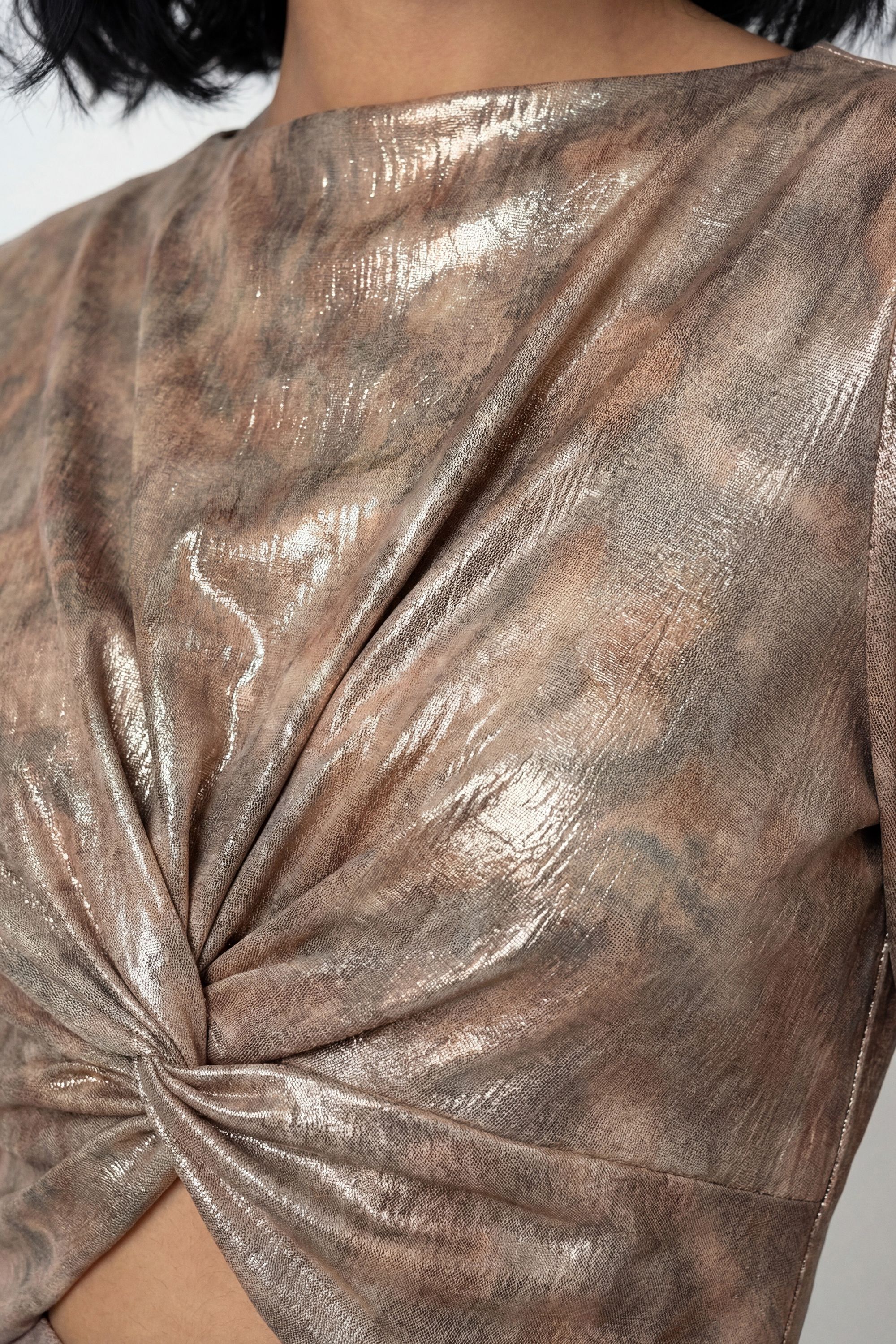 Warehouse Metallic Twist Front Cut Out Bias Cut Midi Dress