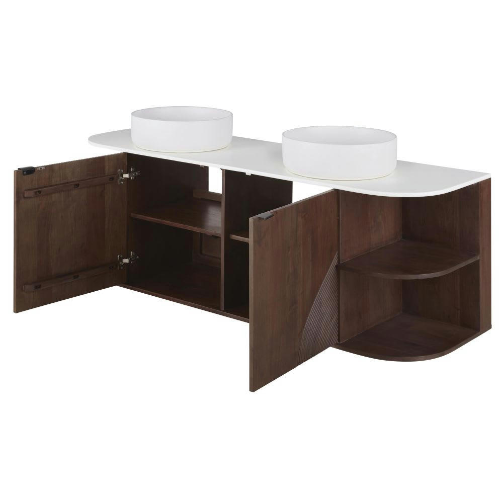 Lausanne - Meuble double vasques suspendu 2 portes 4 étagères marron