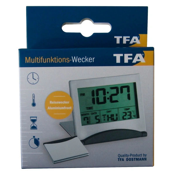 Digital-Wecker, Breite: 7,3 cm, Tiefe: 1,2 cm, silberfarben